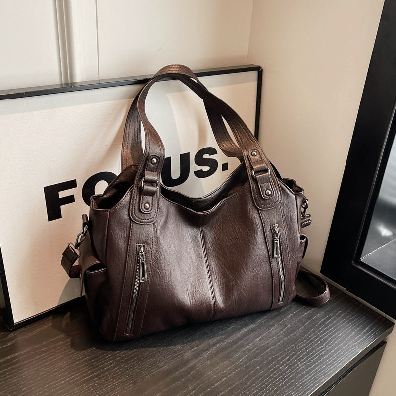 Retro Solid Color Simple Textured One-shoulder Bag Large Capacity Women