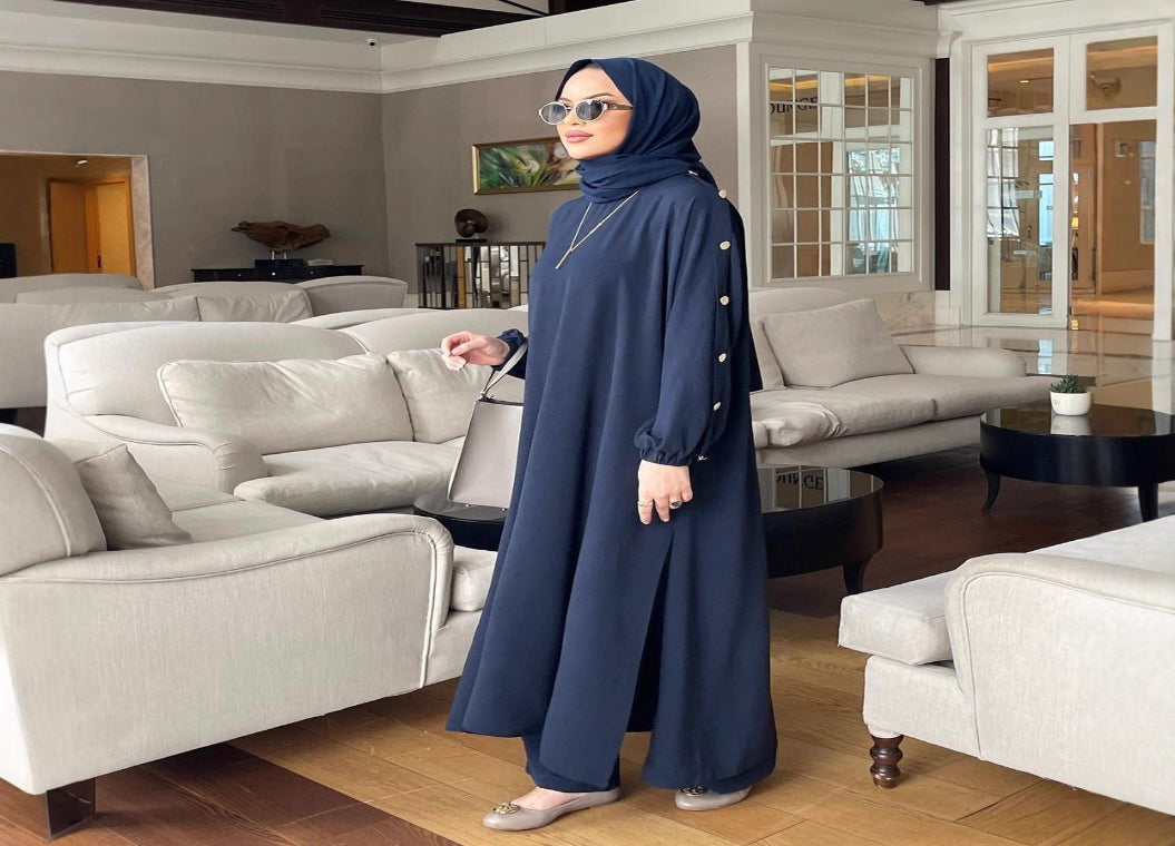 Fashionable Long Set With Round Neck Gold Buttons Puff Sleeves And Patch Pockets