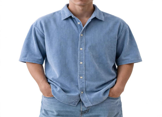 Loose-Fit Solid-Color Corduroy Short-Sleeve Shirt