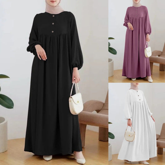 Arabic dress Casual Lantern Sleeve Simple Solid Color Dress