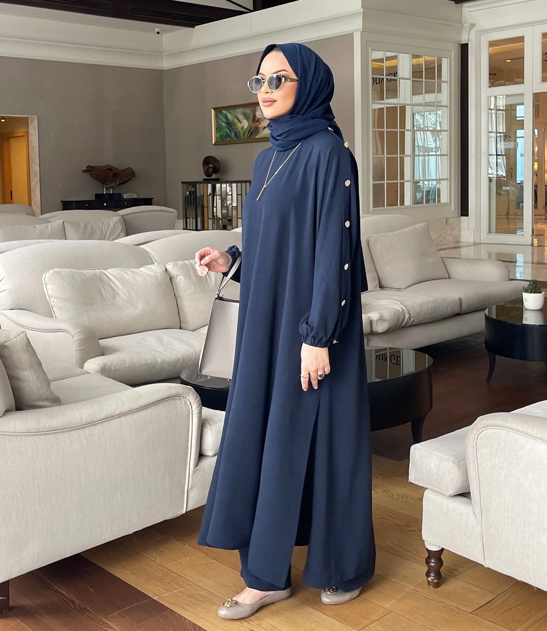 Fashionable Long Set With Round Neck Gold Buttons Puff Sleeves And Patch Pockets