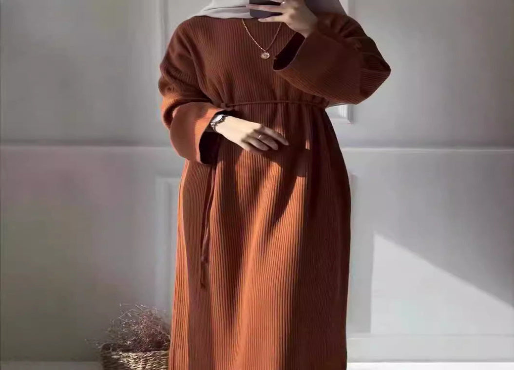 Autumn And Winter Women's Clothing Loose Casual Lace Up Round Neck Long Sleeve Knitted Dress