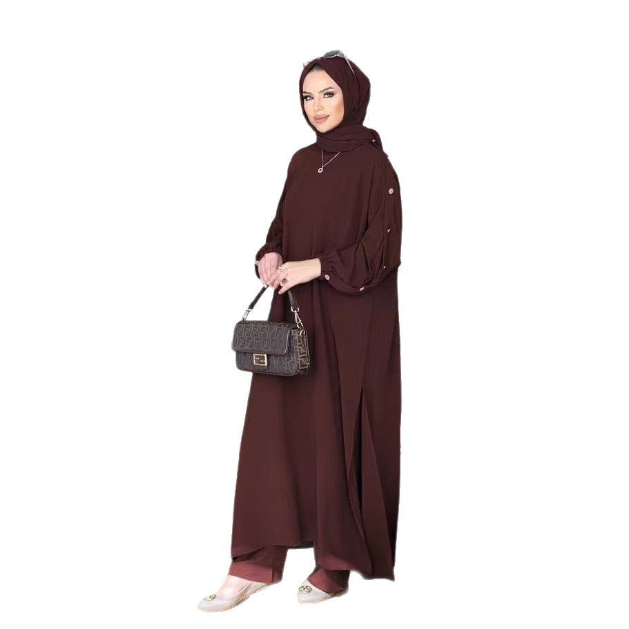 Fashionable Long Set With Round Neck Gold Buttons Puff Sleeves And Patch Pockets