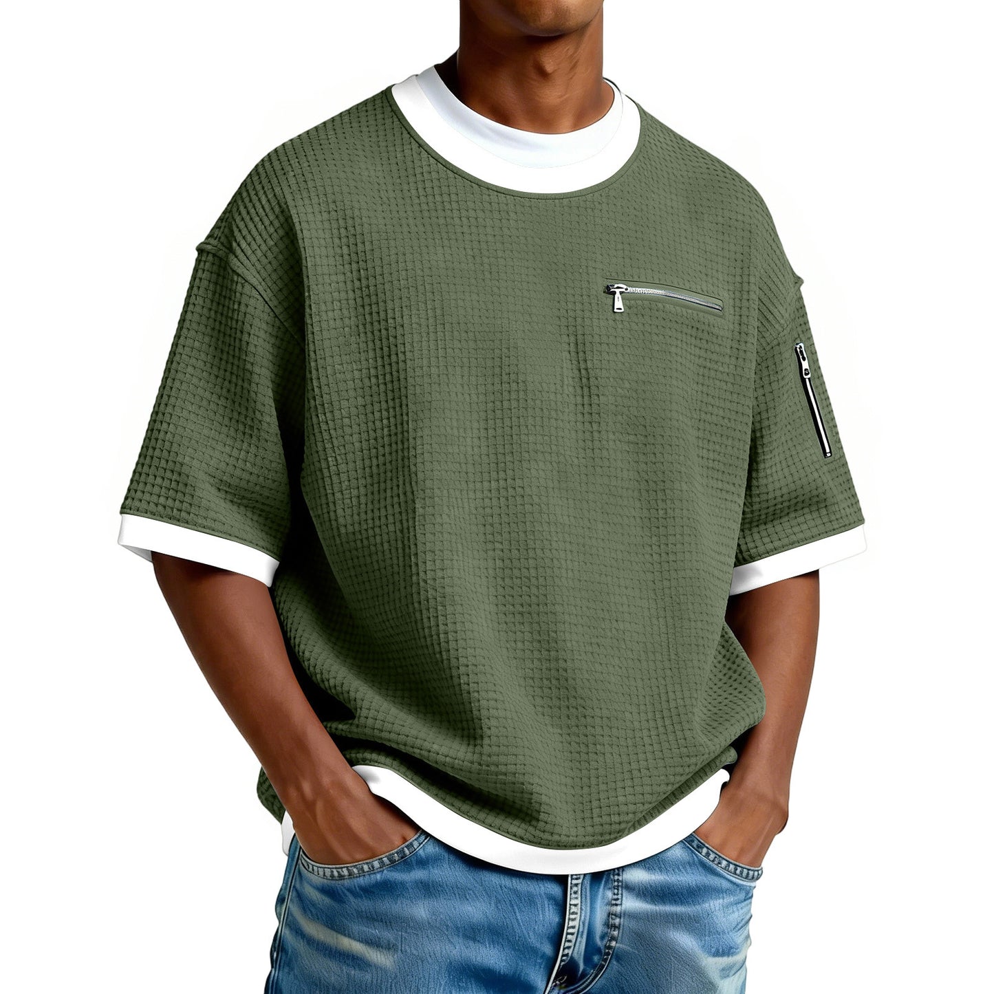 Men's Crew-Neck Contrast-Colored Casual T-Shirt