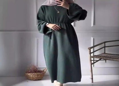 Autumn And Winter Women's Clothing Loose Casual Lace Up Round Neck Long Sleeve Knitted Dress