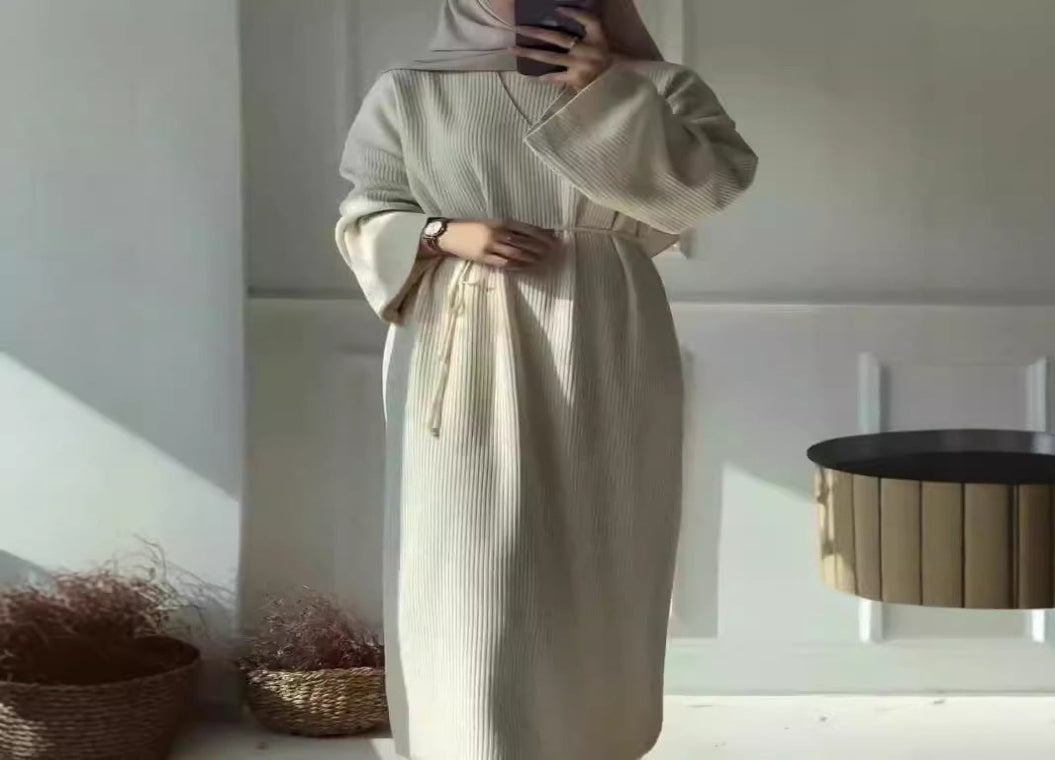 Autumn And Winter Women's Clothing Loose Casual Lace Up Round Neck Long Sleeve Knitted Dress
