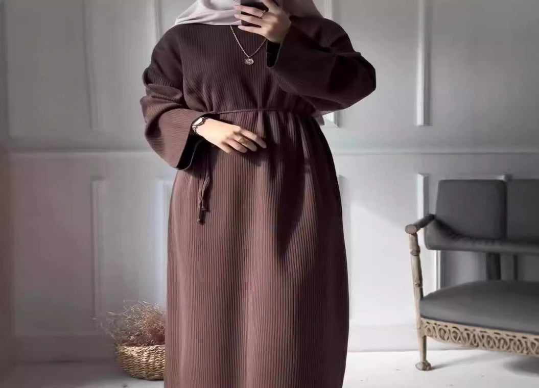 Autumn And Winter Women's Clothing Loose Casual Lace Up Round Neck Long Sleeve Knitted Dress
