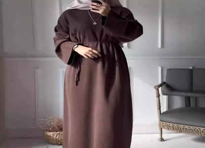 Autumn And Winter Women's Clothing Loose Casual Lace Up Round Neck Long Sleeve Knitted Dress